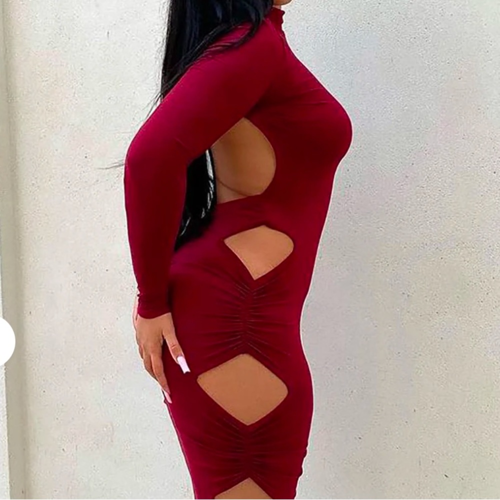 Red Bodycon Mock Neck Long Sleeve Dress